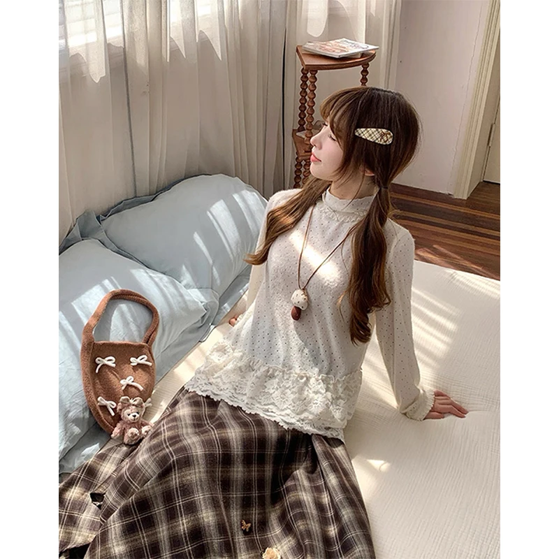 MEXZT Kawaii منقطة سترة المرأة Cutecore الدانتيل المرقعة محبوك البلوفرات الكورية نصف الياقة المدورة تريكو الشتاء لاعبا