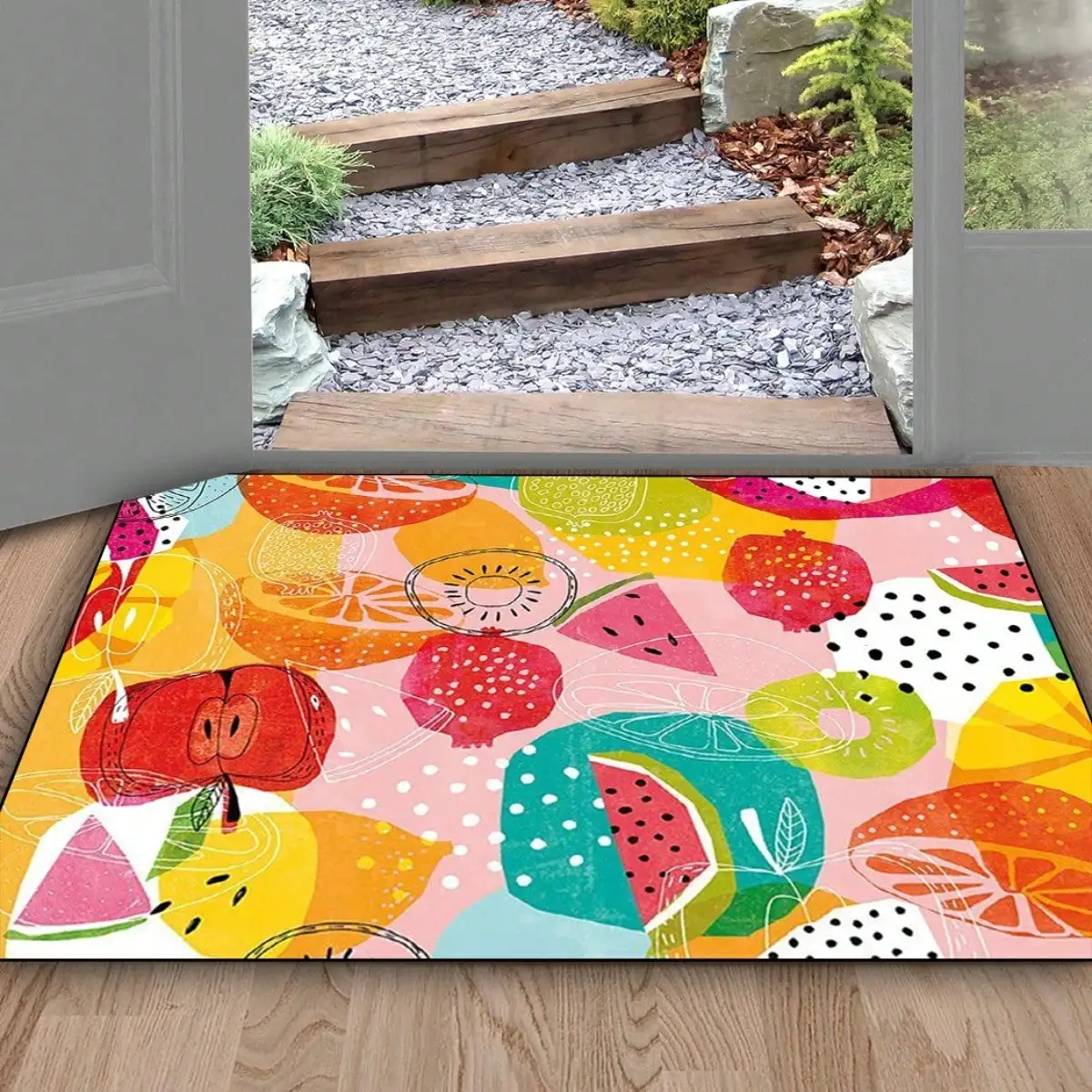 Fruit Print Door Mat - Watermelon Strawberry Kiwi Pattern, Colorful Entrance Rug, Summer Kitchen Decor, Multiple Sizes