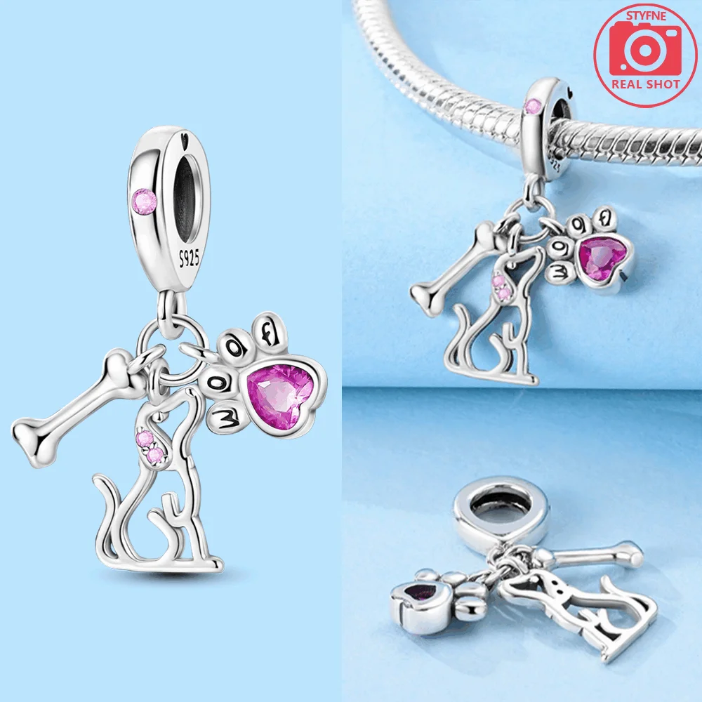 925 Sterling Silver Dog Paw Print Charms Beads Fit Original Bracelets Bag Keychain Earring Pendant Diy Women Jewelry Gift