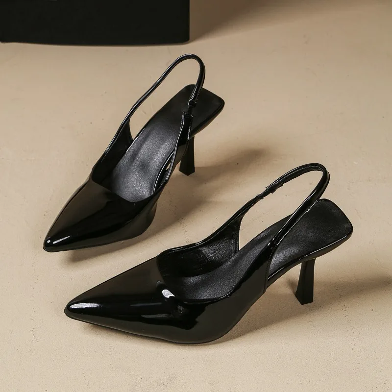 Sexy Pointed Solid Color 8.5CM Thin Heel Sandals Women 2025 Summer New Patent Leather Back Strap High Heels Fashion Office Shoes