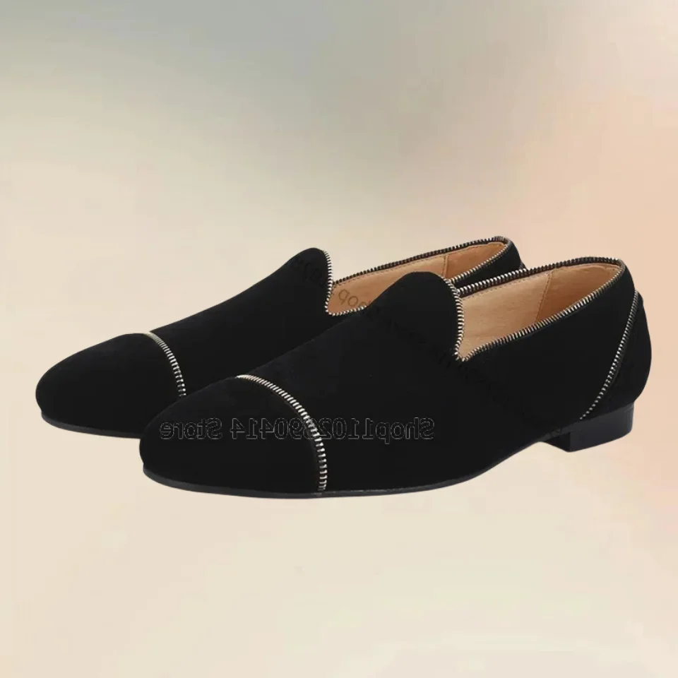 

Zipper Design Black Velvet Men Loafers Fashion Slip On Men Casual Shoes Luxurious Handmade Party Banquet Wedding Men Dress Shoes