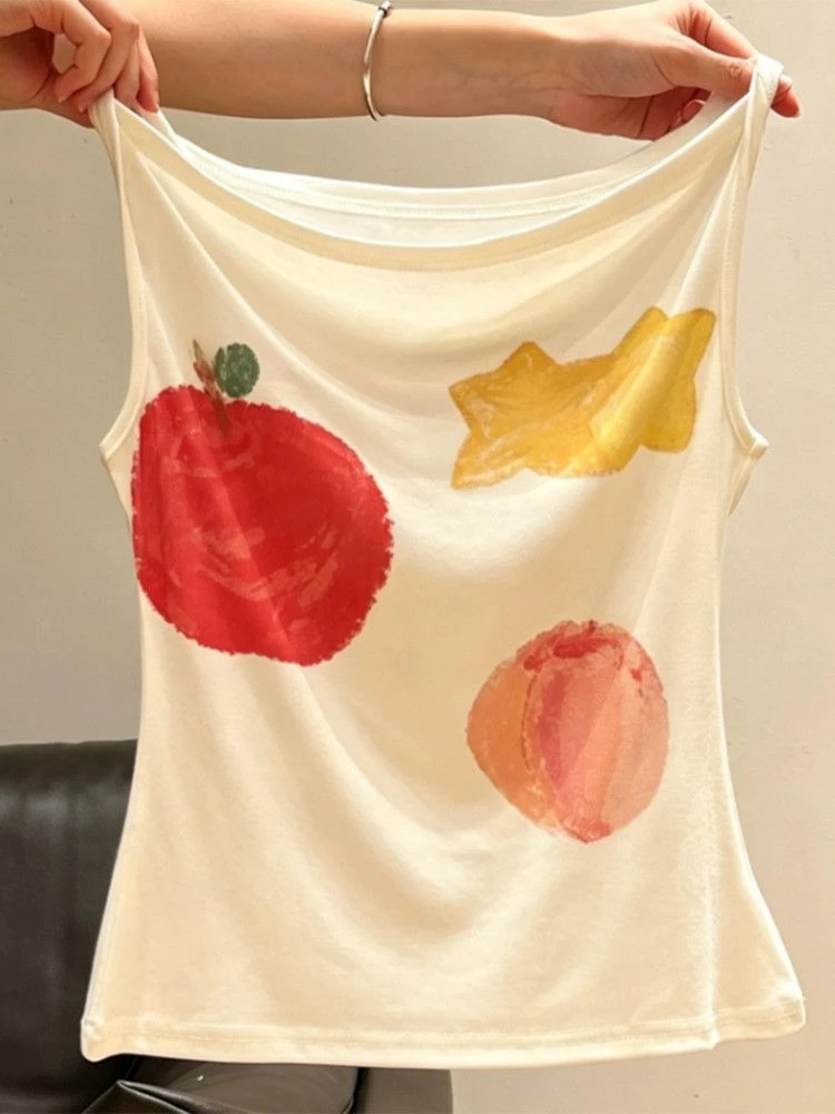 Slash Neck Sleeveless Print Sling Vest New Short Sweet Slim Women Clothing All-match Hot Sell Minority Soft Tanks