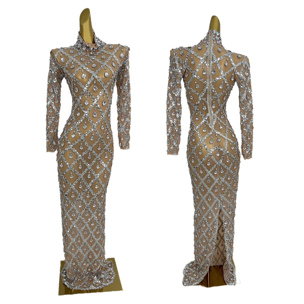 

Elegant See Through Graduation Birthday Wedding Guest Rhinestone Dress Floor Length Dinner Gown Women Evening Party Long Dress