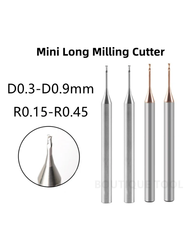 

D0.3~0.9mm Ball R0.15/0.2/0.25/0.3/0.35/0.4/0.45 Mini Long Neck End Groove Milling Cutter For Steel Aluminum
