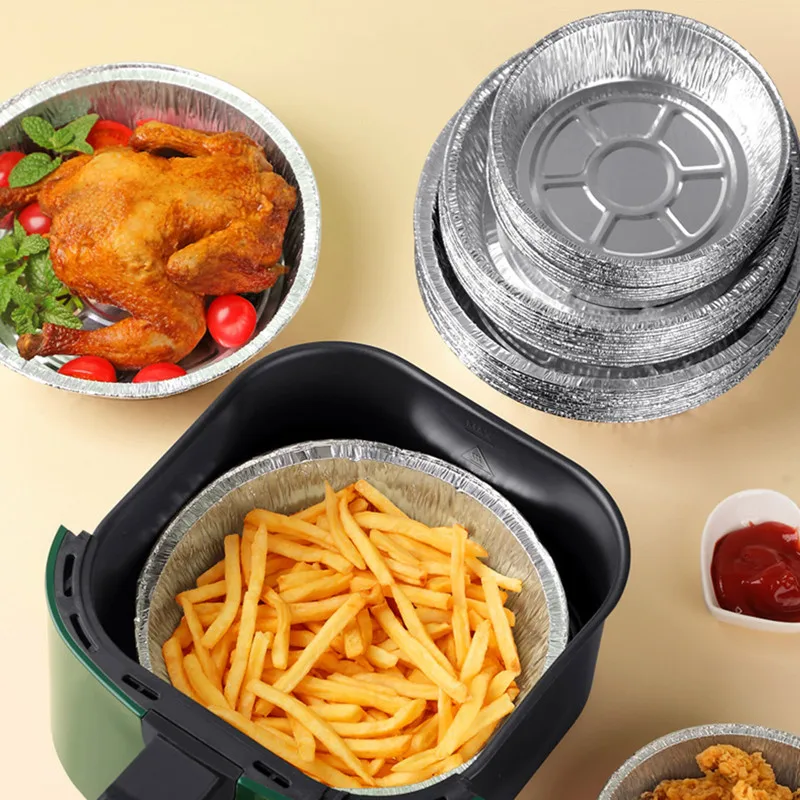 50pc Oil-Proof Aluminum Foil Tin Box Round Disposable BBQ Tray Non-Stick Liner Steaming Basket Mat for Cake Pastry Food Bakeware