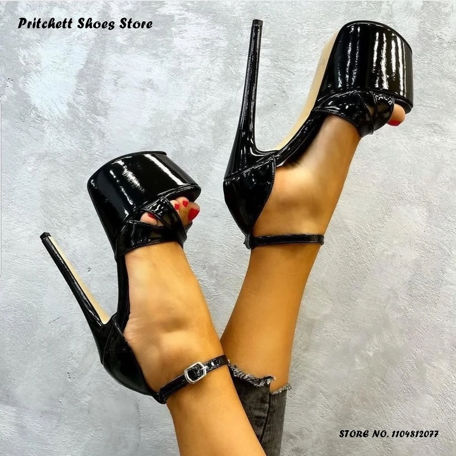 

Women's Crisscross Platform Sandals Summer Patent Leather Buckle Strap Stilettos Elegant Round Open Toe Thin Heels Footwear