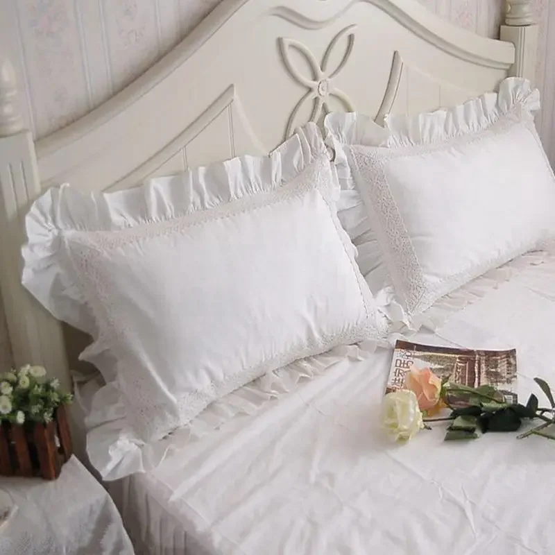 2 pieces White Satin Lace ruffle pillow case European style elegant embroidered pillowcase luxury bedding pillow cover