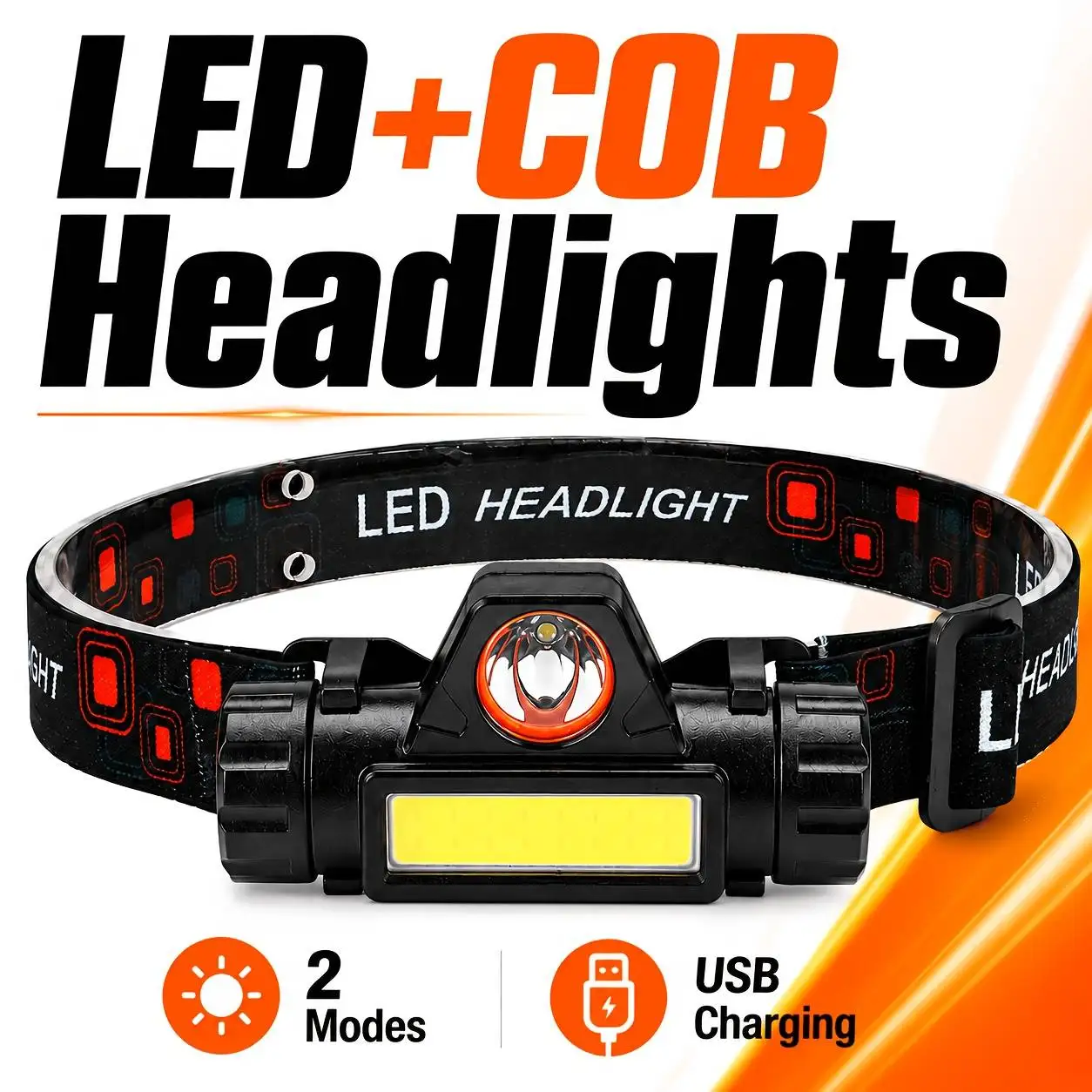 1-5PCS LED+COB Rechargeable Headlamp, 90° Adjustable Headlight 3 Modes Waterproof Head Torch for Outdoor Hunting Camping