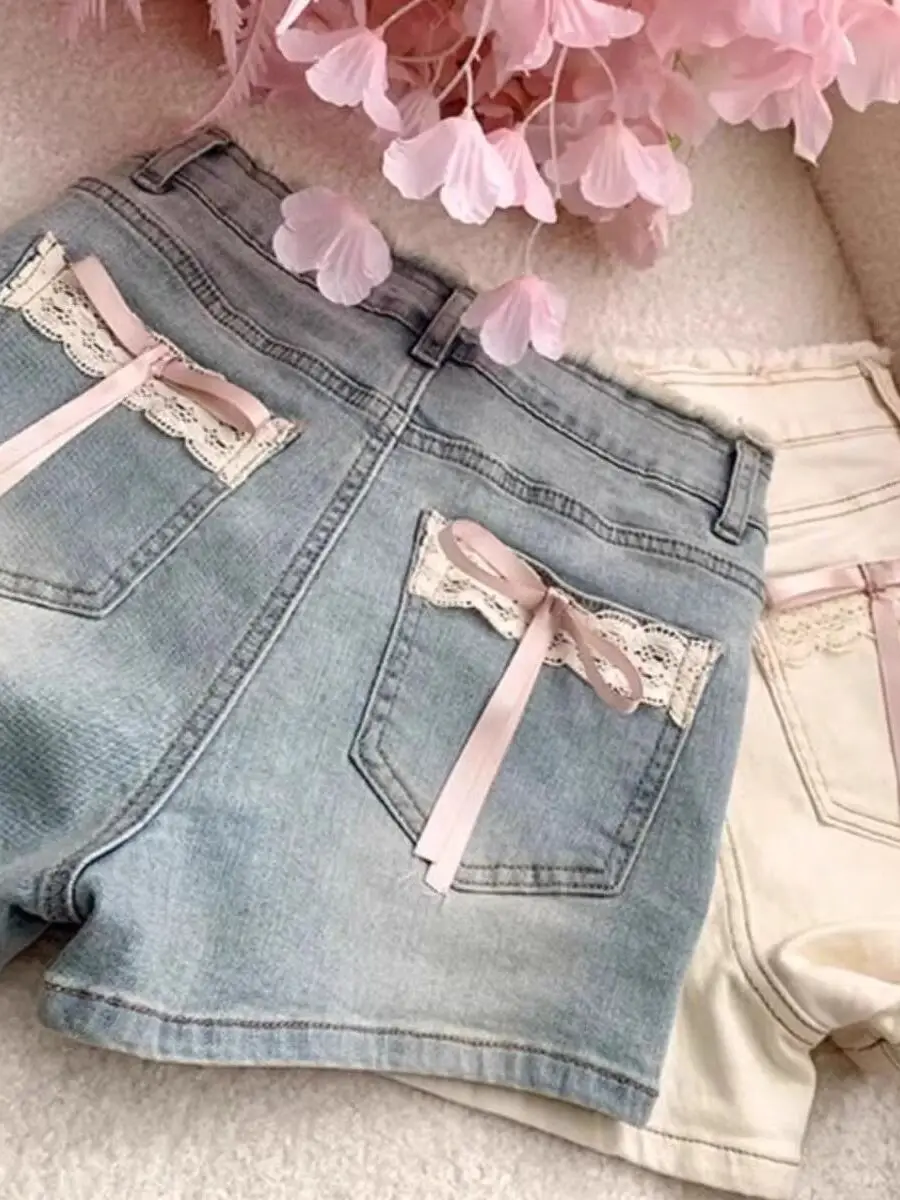 

plus Size Lace Knot Thick Hip Denim Shorts Women's Summer Thin Age Reduction Slim A-Line Shorts Fat MM