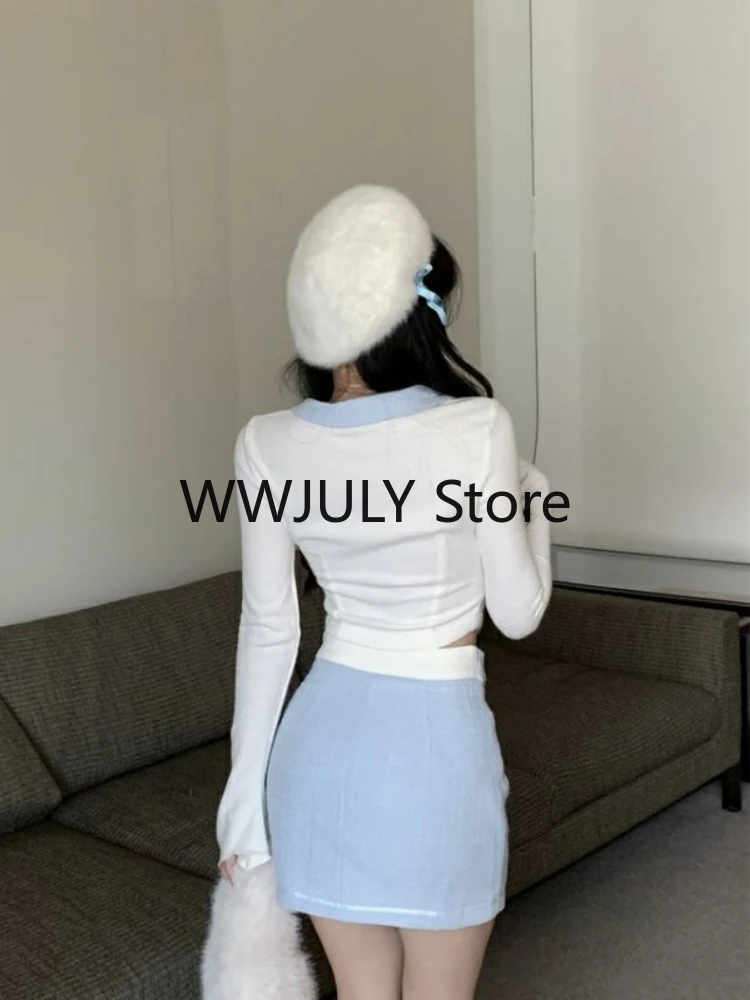 2023 Autumn Kawaii Blue Suit Woman Japanese Style Y2k Crop Tops + Slim Bodycon Mini Skirt Party Lolita Fashion 2 Piece Set Chic