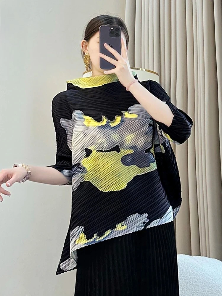 

Модная женская плиссированная футболка нестандартного дизайна Miyake, новинка лета 2025, повседневная свободная футболка с длинным рукавом и воротником-стойкой, пуловер, топ