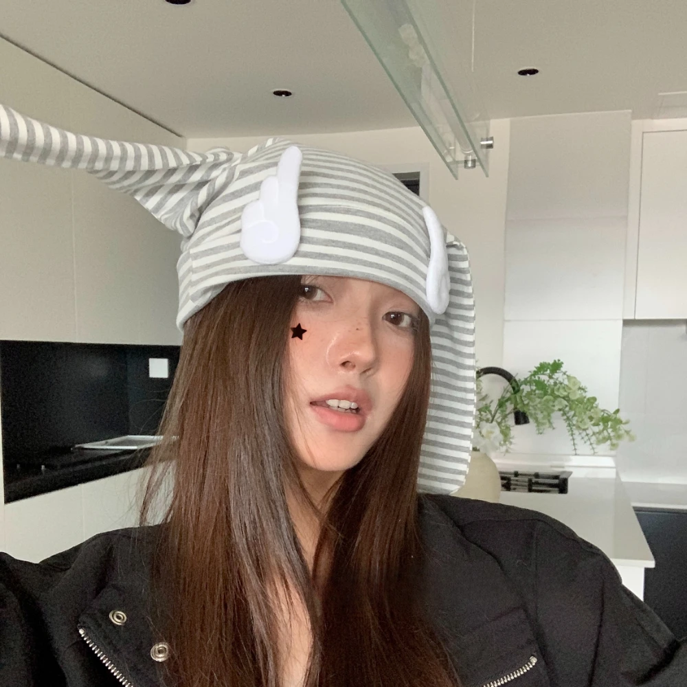 Y2K Cute Subculture Rabbit Ears Hat Millennium Style Sweet Cool Niche Personalised Pullover Hat Funky Striped Winged Wrap Hat