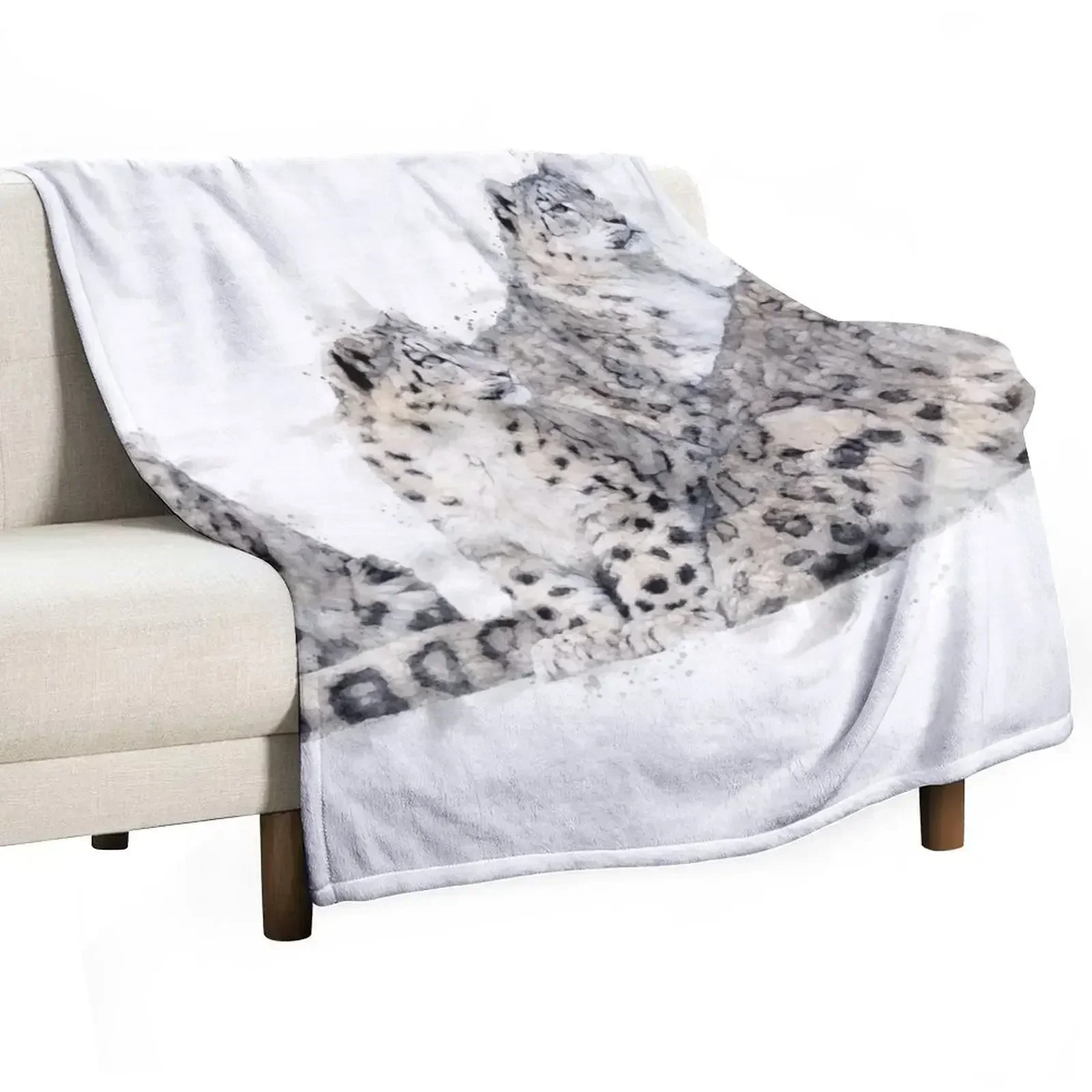 Snow leopard Watercolour Artwork Throw Blanket Bed Decorative Throw Furrys Sofa Quilt Loose Thermal Blankets
