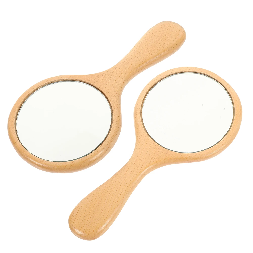 

2Pcs Natural Wood Handle Makeup Mirror Handheld Portable Small Compact for Skincare Routine Touch Ups on The Go