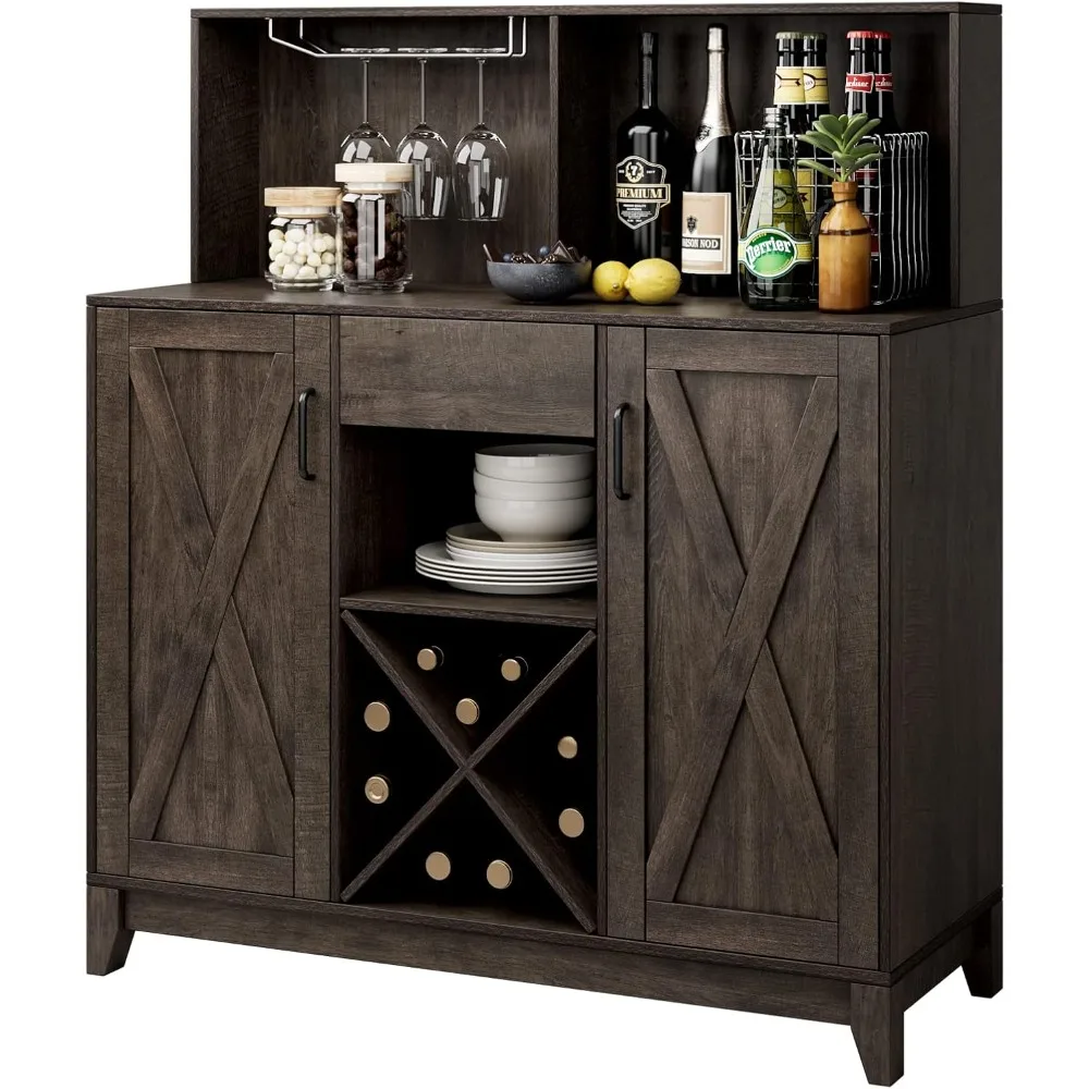 

Modern Farmhouse Coffee Bar Cabinet, Barn Doors Wine Liquor Bar Cabinet with Storage Hutch, Kitchen Sideboard Buffet