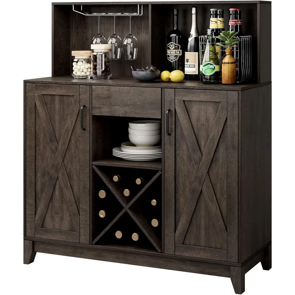 Modern Farmhouse Coffee Bar Cabinet, Barn Doors Wine Liquor Bar Cabinet with Storage Hutch, Kitchen Sideboard Buffet