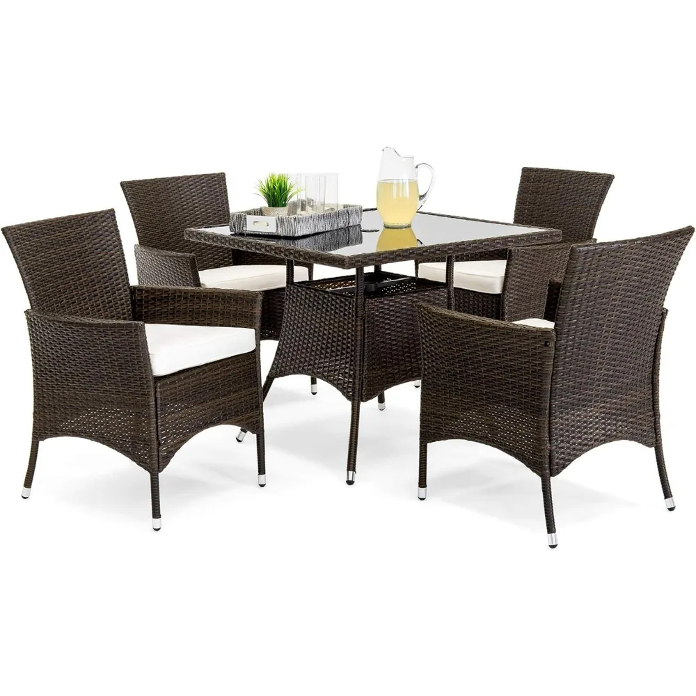 

5-piece set of indoor and outdoor wicker dining table furniture with square glass tabletop and copper umbrella