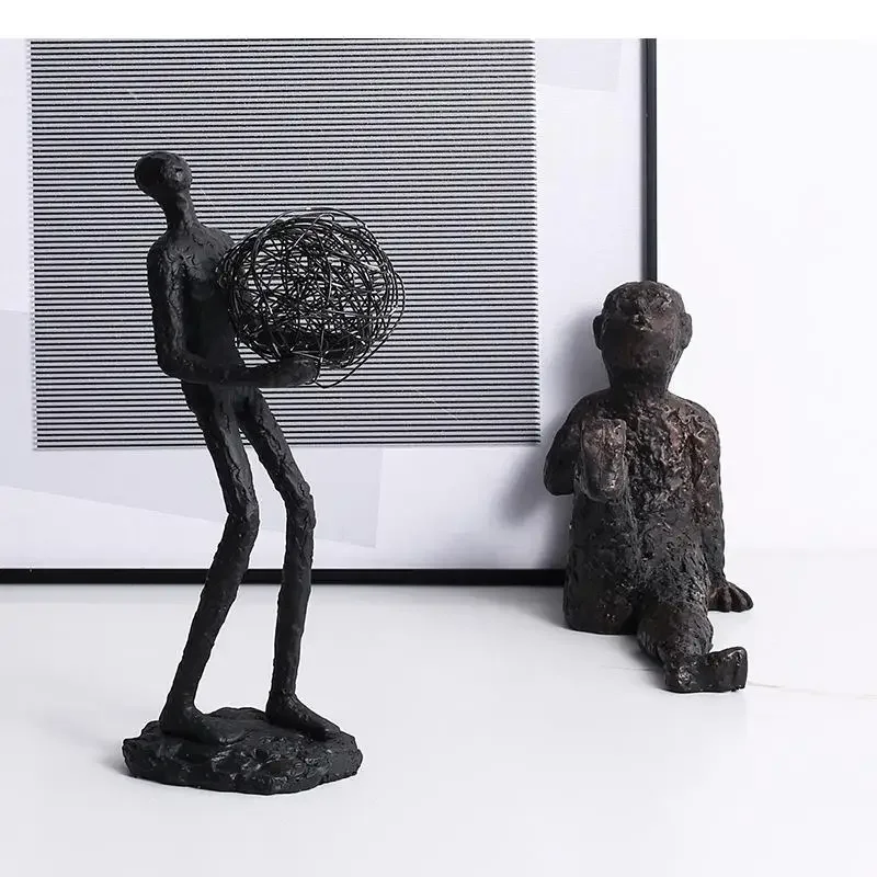 Resin Abstract Black Human Sculpture Living Room Study Decoration Art Ball Man Wire Metal Home Decor Accessories