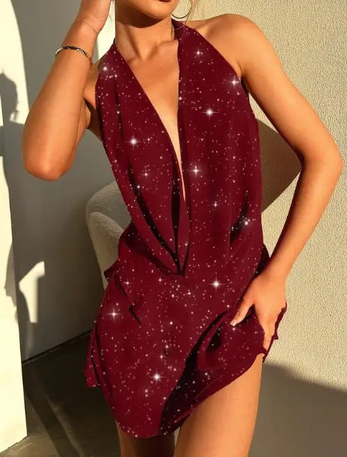 

Elegant Women's Short Skirt Dress Autumn/Winter 2025 Solid Color Hanging Neck Design Fashionable Women's Wear
