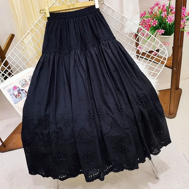 Sweet Cotton Embroidered Floral Lace A-line Long Cotton Skirts Black White