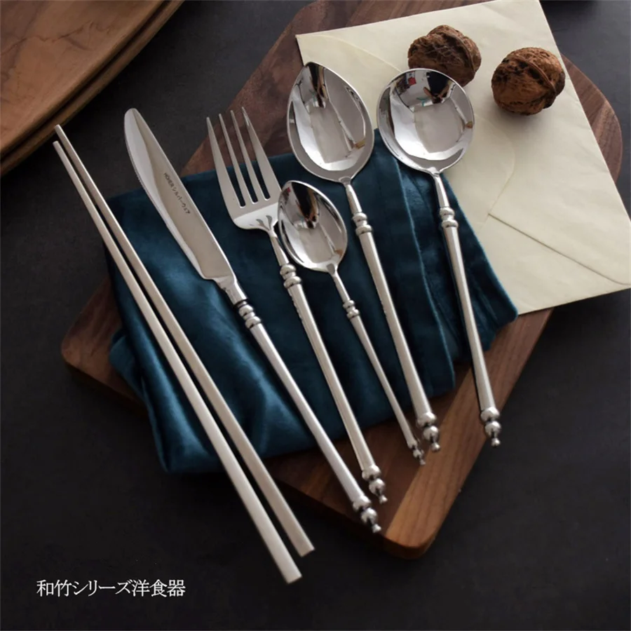 304 Stainless Steel Western Cutlery Bamboo Idea Design Japanese Retro Style Steak Knife, Fork and Spoon Set Chopsticks