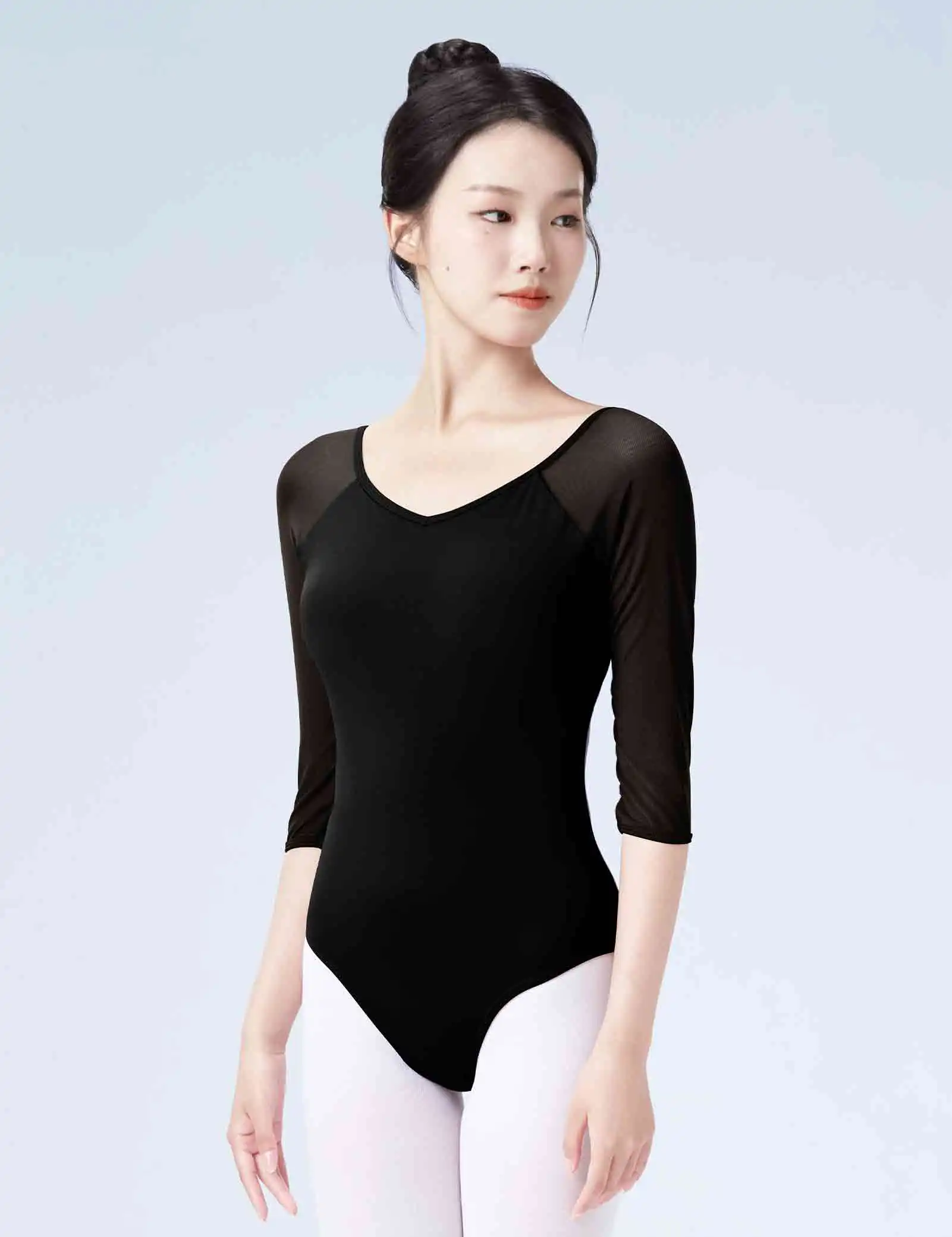 Women Black Ballet Leotards 3/4 Sleeve Dance Leotard Soft Mesh Splicing Gymnastic Bodysuit Adult Ballerina Outfits