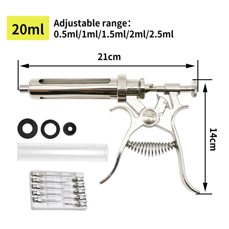 Veterinärtier-Spritze mit kontinuierlicher Injektion, Revolver, 10/20/50 ml, automatische Impfpistole aus Edelstahl für Kuh, Schwein, Schafe – Detail 4