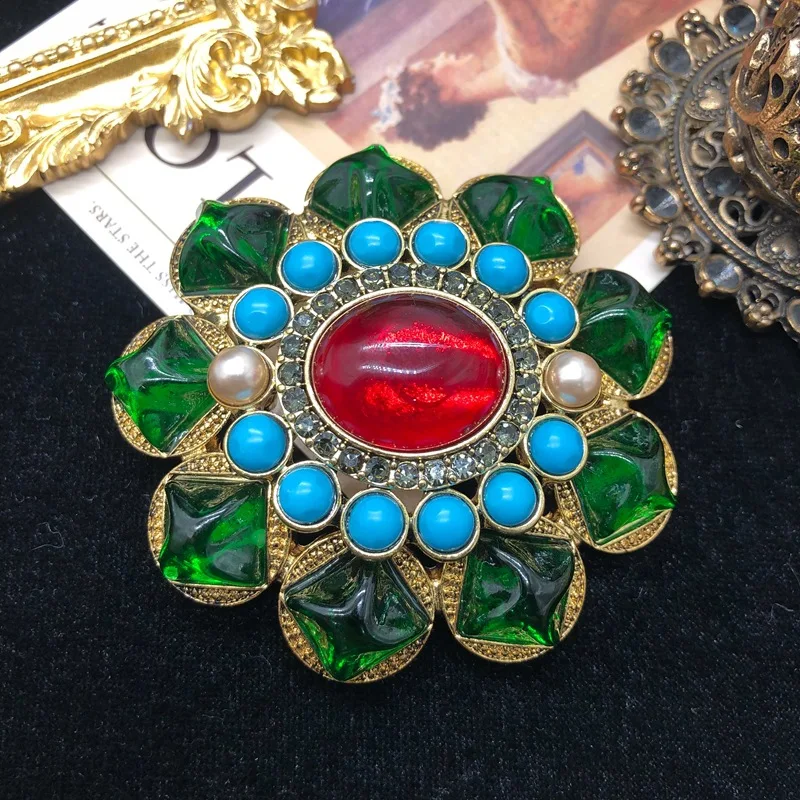 Jóias medievais vintage para mulheres, flor de lava verde, broche de vidro vermelho, presente requintado, elegante festa, broche diário