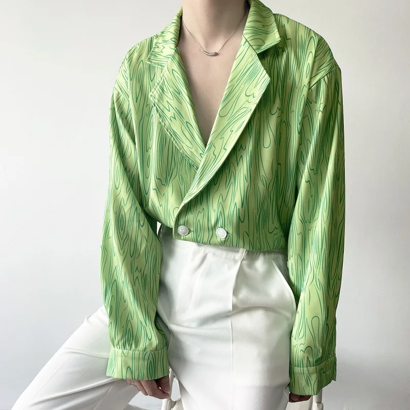 

Korean Sle Casual een Printed Men's irt Asymmetrical Design Loose Fit Long Sve ort Length Casual Sle Polyester F...