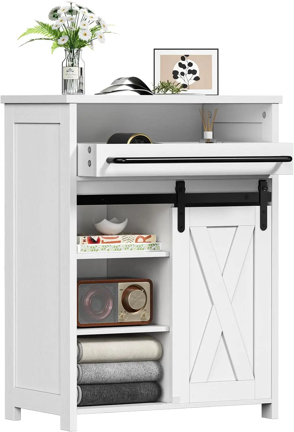 

Storage Cabinet With Tray Drawer, White Farmhouse Coffee Bar Cabinet With Sliding Door For Bathroom Bedroom Living Room Laundry