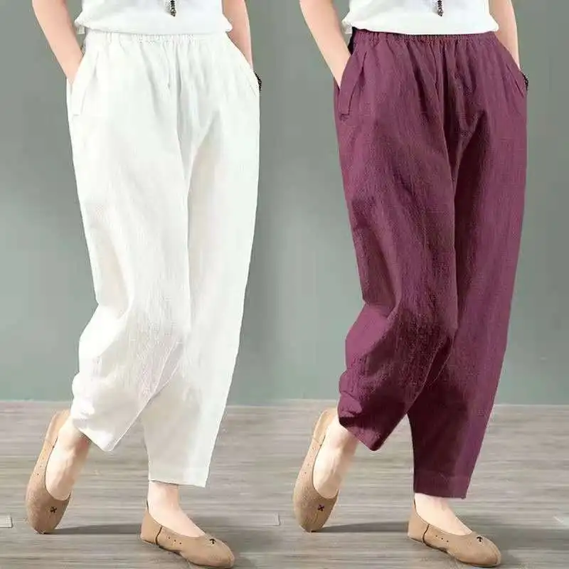 

High Waist Loose Fit Cotton Linen Lantern Pants Women's Summer Casual Trousers Harlan Style Nine Points Wide Leg Pants