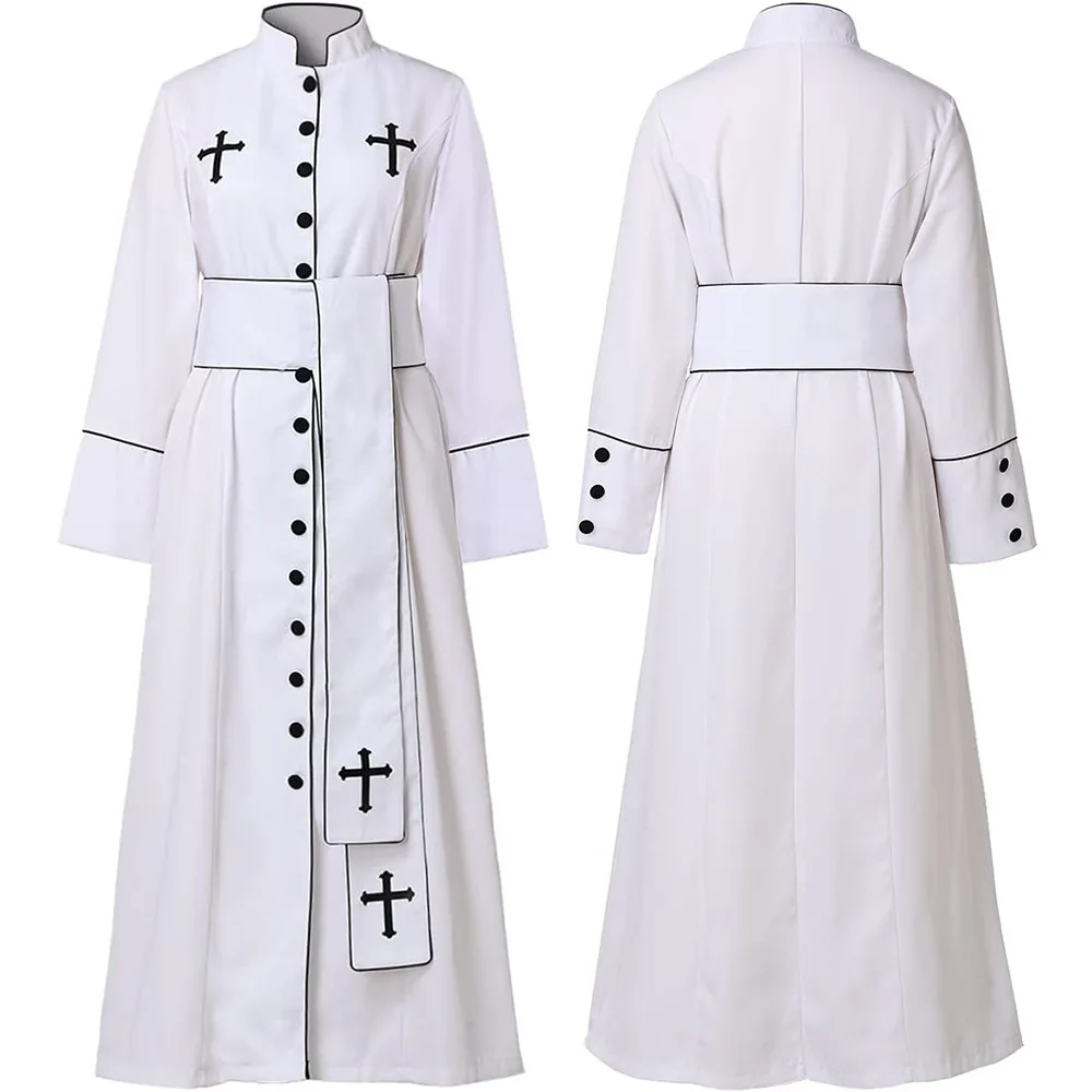 Halloween Cosplay Costumes Medieval Priest Stand Collar Belt Outfit Catholic Church Religious Retro Pope Pastor Father Mass Robe