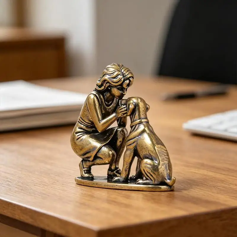 Brass Girl and Dog Statue Small Creative Retro Ornament Solid Brass Decor for Home Office Desk Shelf Display - view 4
