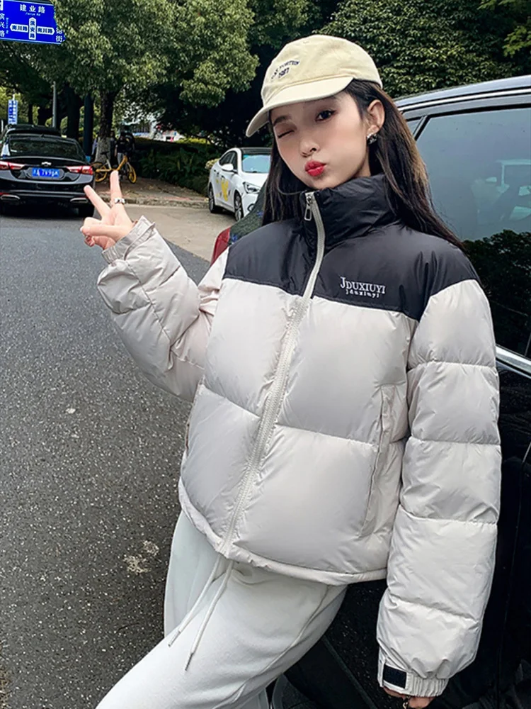 

Women White Down Jacket Coat Fashion Contrasting Colors Windproof Thicken Duck Down Feather Female Puffer Winter Short Outwear