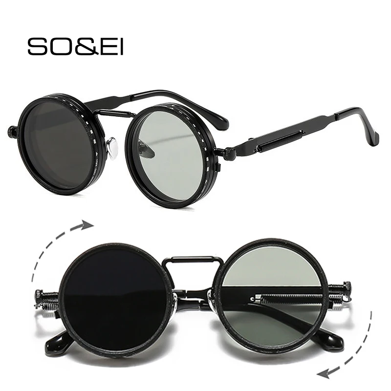 

SO&EI Retro Round Punk Men Outdoor Sports Polarized Sunglasses Shades UV400 Women ND9-level Adjustable Dimming Sun Glasses