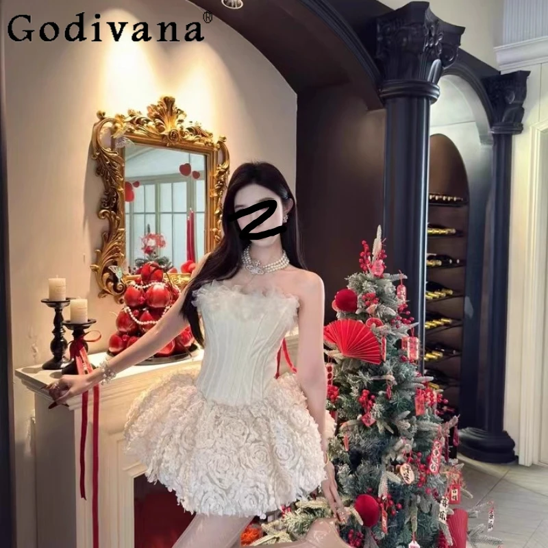 

Temperament Female Heavy Industry Strapless Backless Fairy Dress Fashion High Waist Elegant Slash Neck Party Princess Dresses