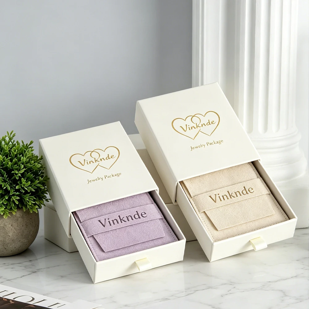 

Custom Logo Beige Sliding Jewelry Boxes Gift Packaging Drawer Paper Box with Microfiber Bag For Keychain Brooch Earring Bracelet