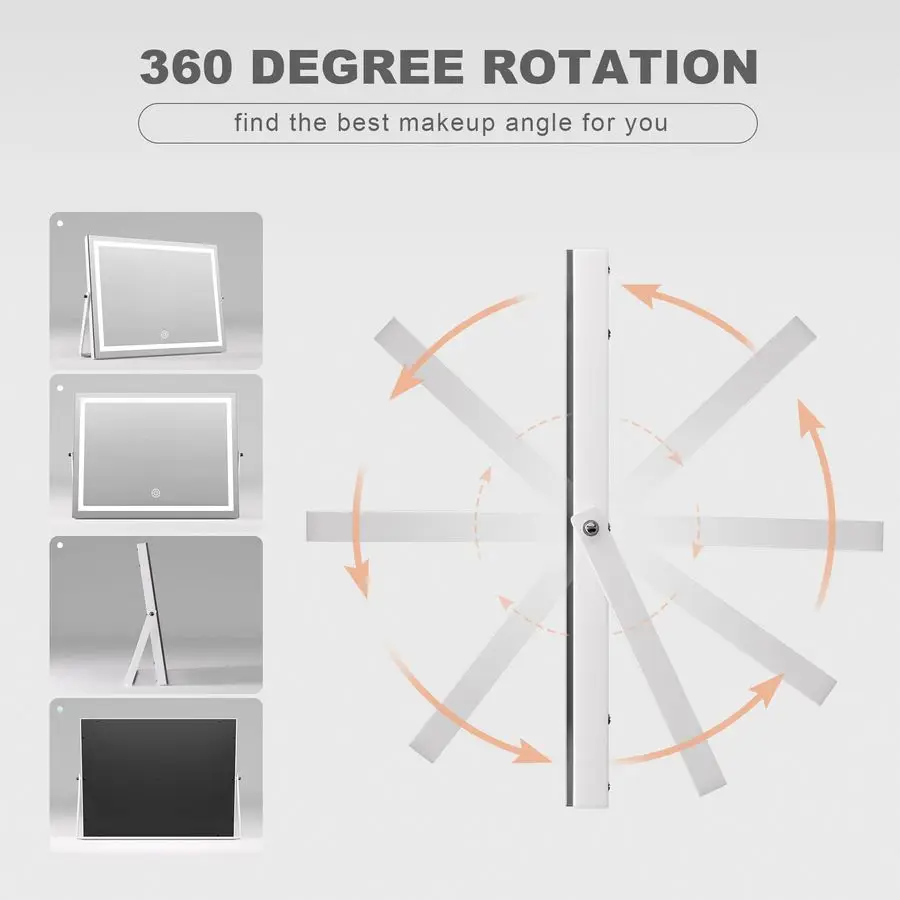 조명이 있는 화장 거울, 17.7 x 13.8 LED 메이크업 거울, 10배 확대, 스마트 터치 3색 조광, 밝기 조절 가능