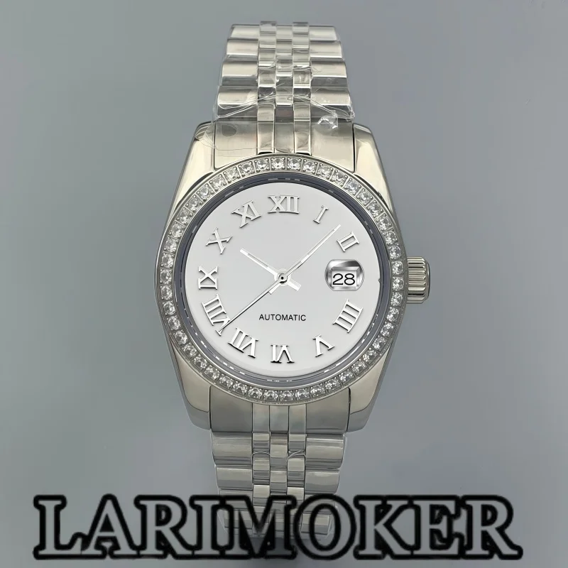 LARIMOKER 31mm Women's Automatic Watch NH05 White Dial Roman Numerals Diamond Bezel Sapphire Crystal Steel Bracelet Luxury