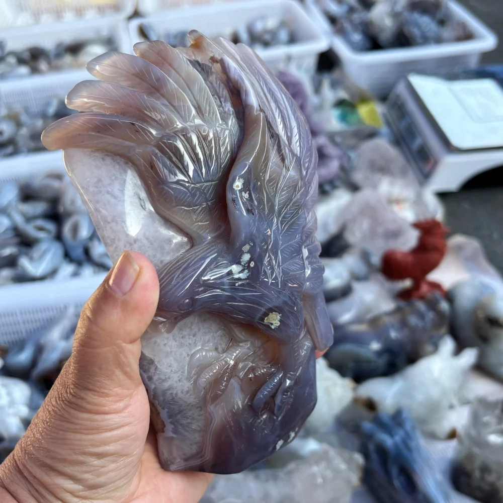 Natural Agate Geode Hand Carved Eagle Figurine Quartz Crystal Hawk Statue Reiki Healing Home Feng Shui Decor Gift