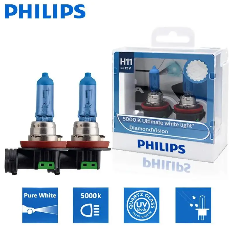 2X Philips H11 12V 55W Diamond Vision 5000K Super White Light Halogen Bulbs Auto Headlight Fog Lamps 12362DVS2