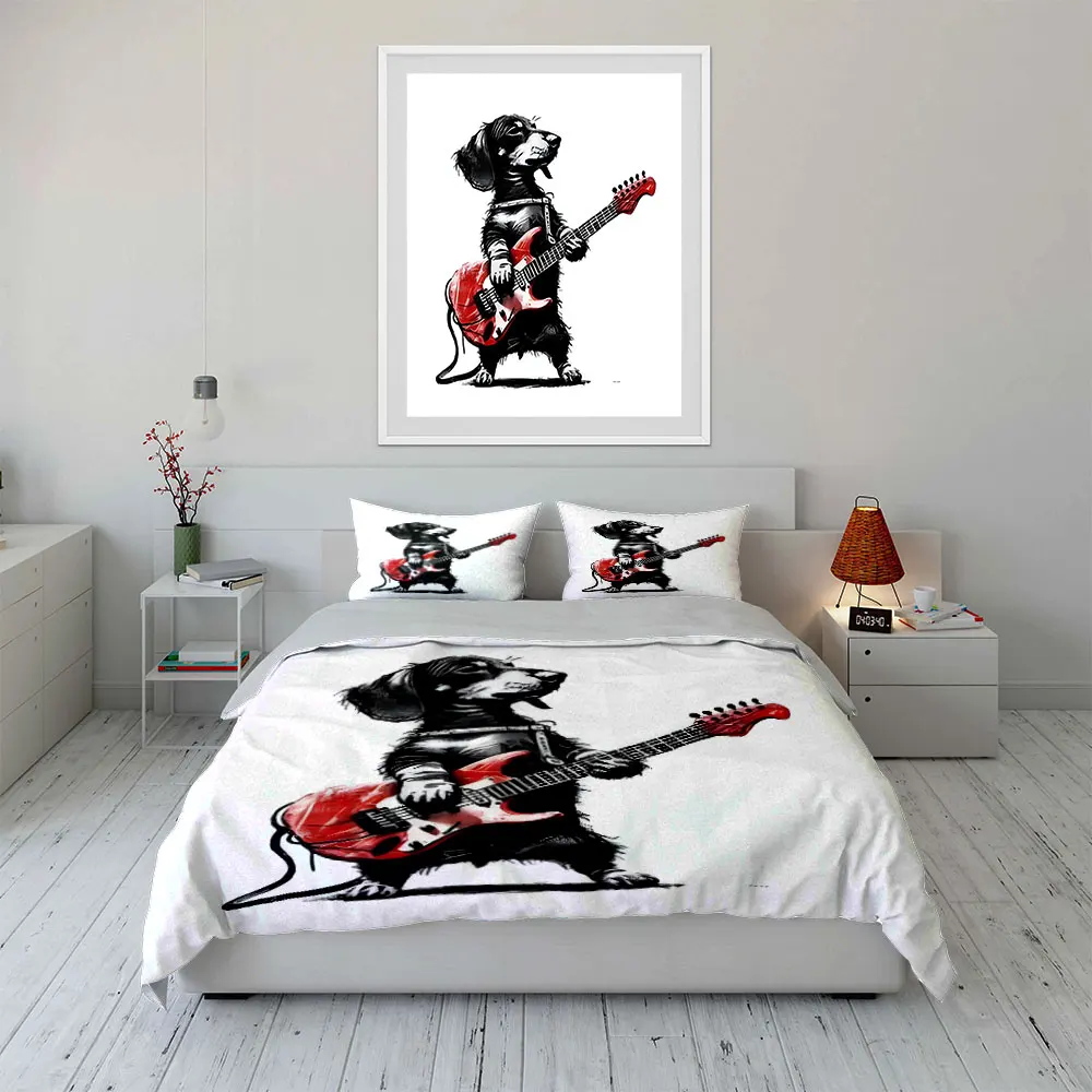 3pcs Dog with red electric guitar Duvet Cover Set with 3D Printing Design Soft Polyester Bedding Set All-Season Comfort