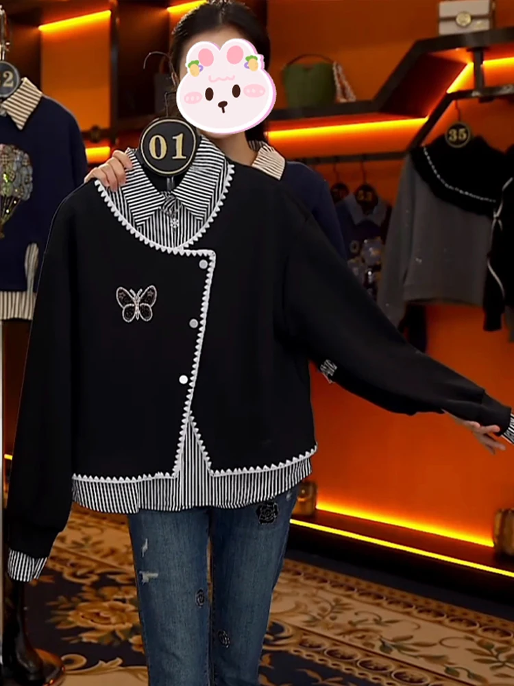 

Шикарный антивозрастной свитер с воротником-стойкой и эффектом двухслойности, женский повседневный универсальный модный топ для осени 2025