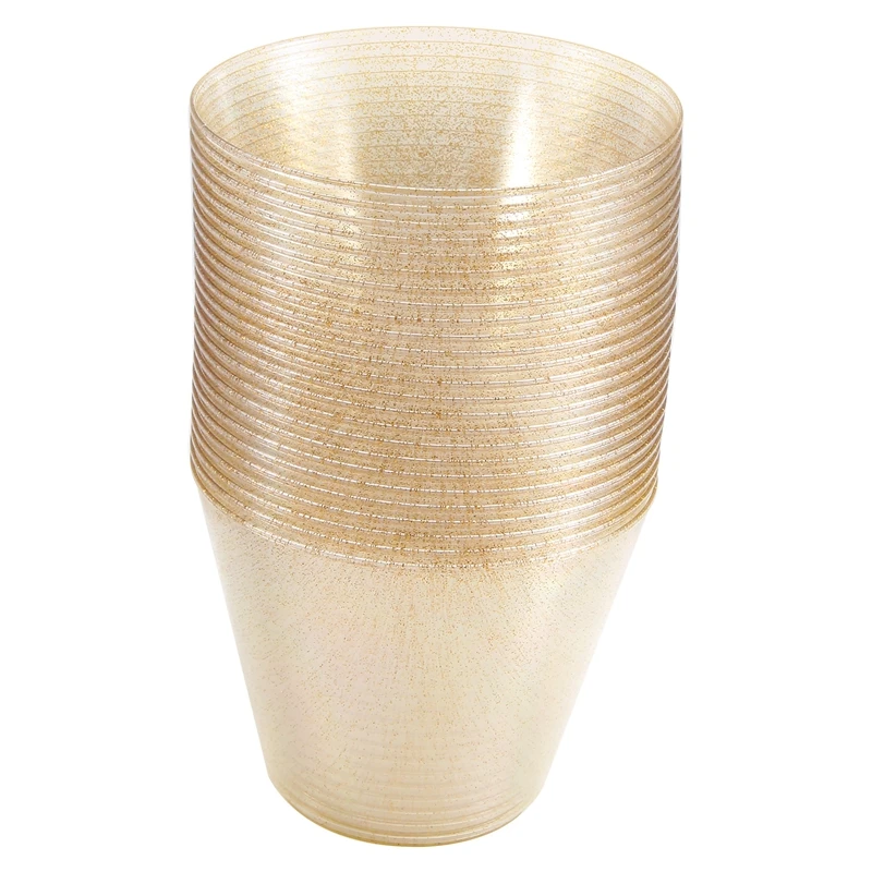 Gold Plastic Cups Clear Plastic Wine Glasses, Fancy Disposable Hard Plastic Cups With Gold Glitter For Party Cups