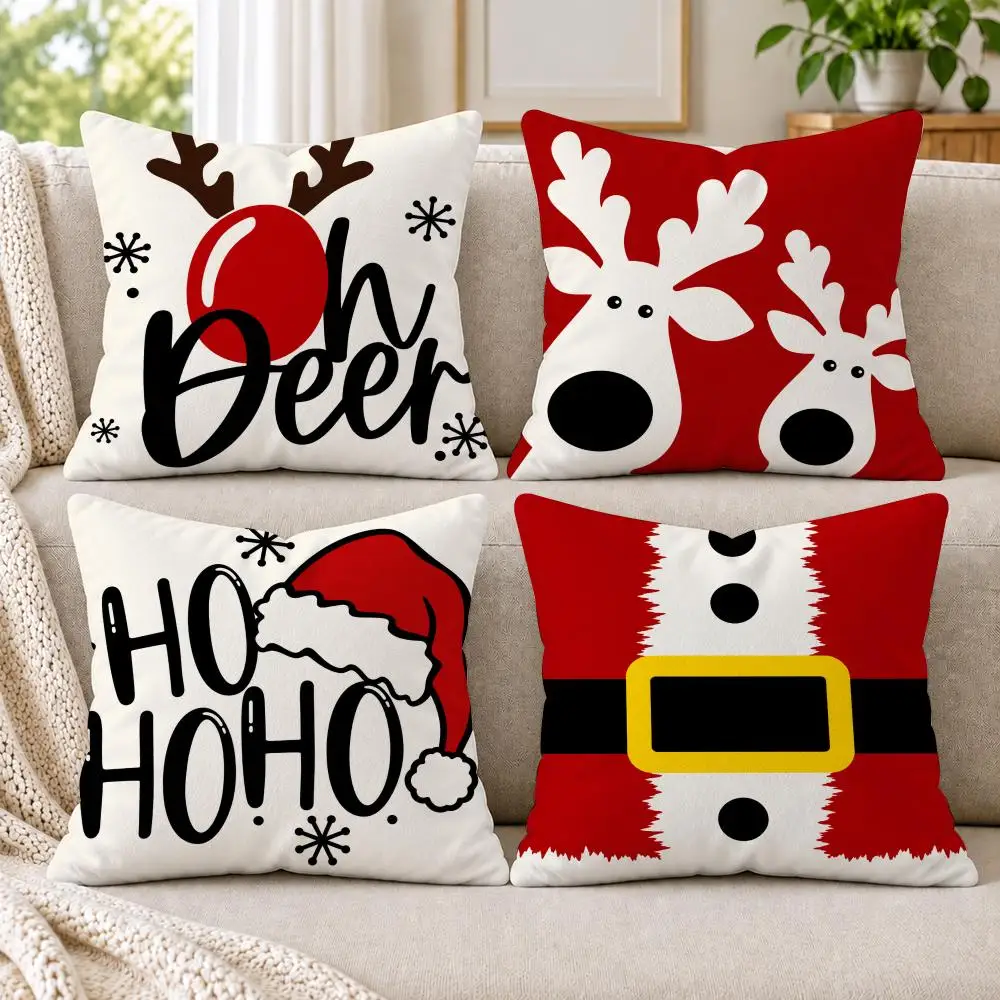 Christmas Reindeer in Santa Suit Ho Ho Ho Cushion Cover Soft Short Plush Pillow Cases Hidden Zipper Sofa Bedroom Home Decor Gift