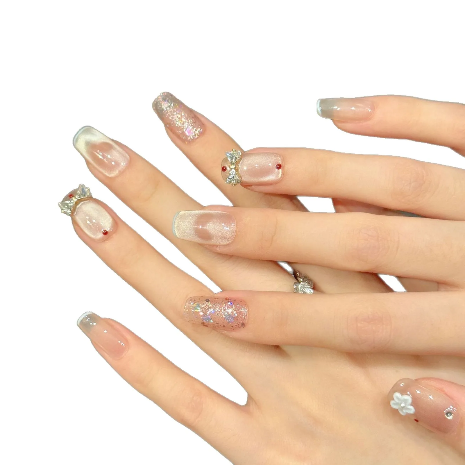 10PCS [Hearts in Bloom] Glitter Cat-Eye Heart Mermaid Bow Press-On Nails With 4-PIECE Tools  Super-Strong Nail Adhesive Tabs