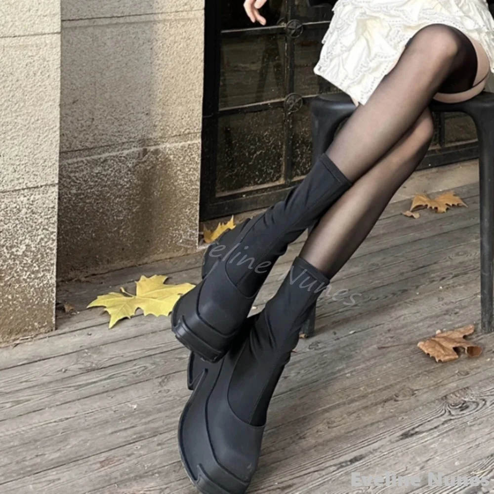 

Square Toe Wedges Elastic Boots Women Black Slip On Ankle Boots 2024 British Style All-match Fashion Boots