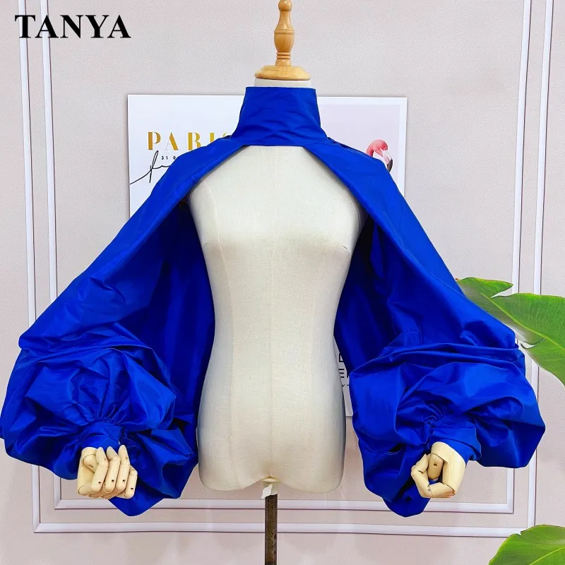 

Royal Blue Taffeta Detachable Puffy Sleeves Jacket For Wedding Fashionable Evening Dress Wrap Bolero High Collar With Buttons