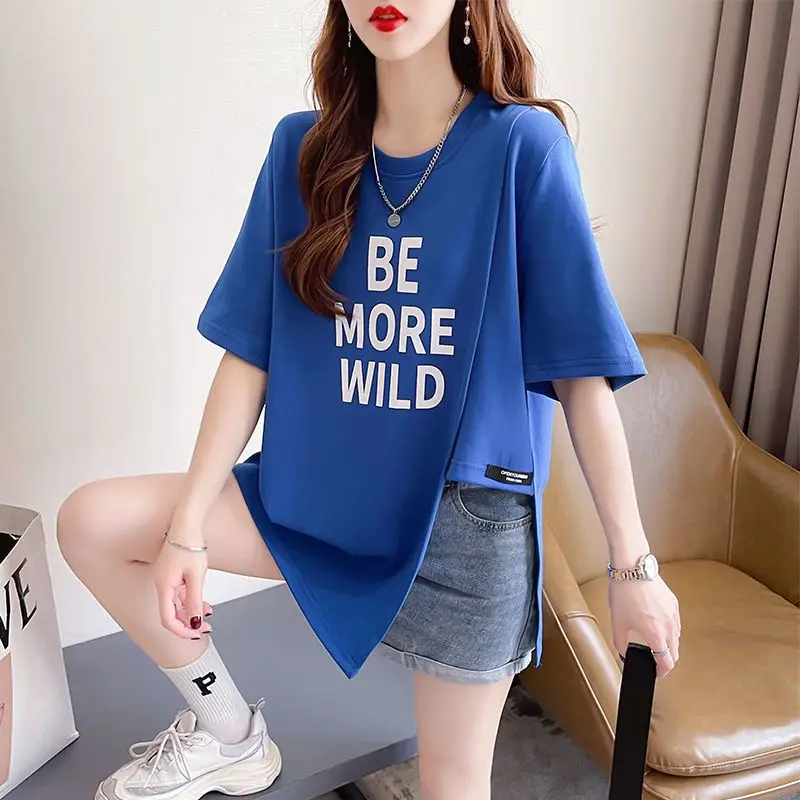 

Fashion O-Neck Printed Spliced Slit Irregular T-Shirt Female Clothing 2024 Summer New Loose Casual Tops Asymmetrical Tee Shirt