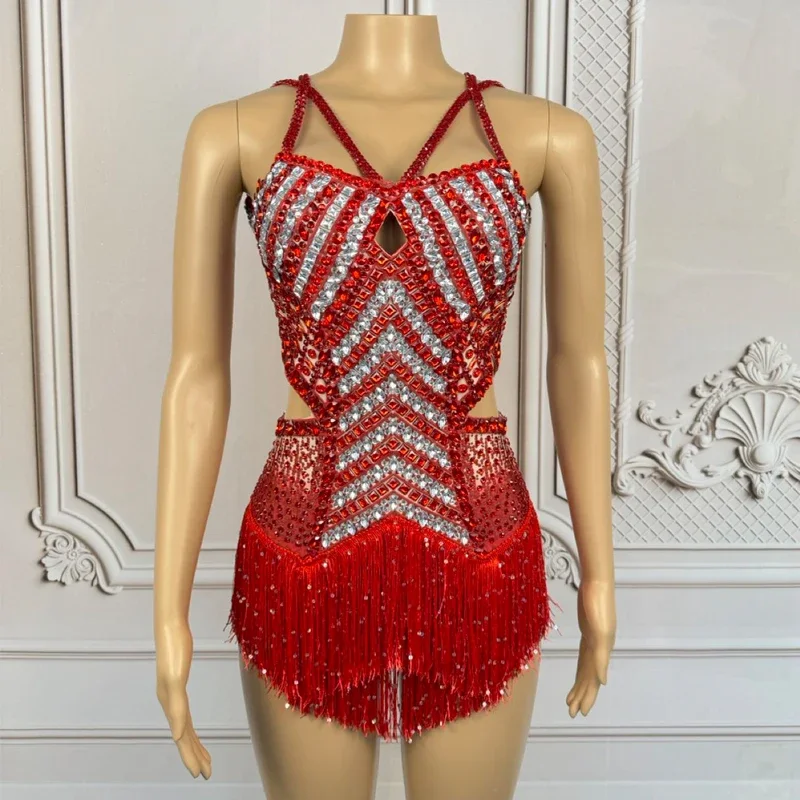 

Party outfits Women Group Jazz Dance Costume Red Rhinestones Bodysuit Nightclub Ds Dj Gogo Dance Wear Drag Queen Outfits